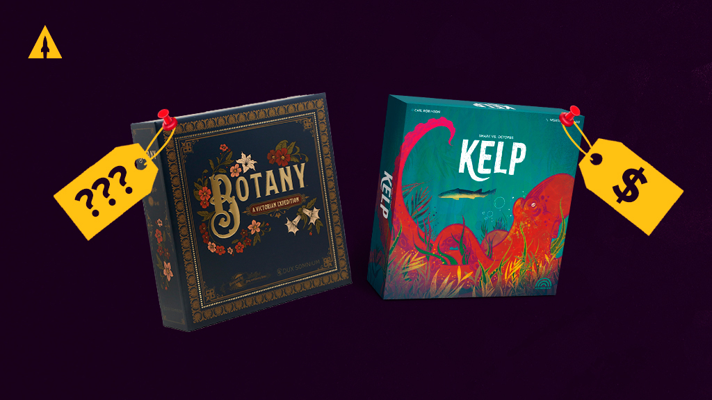 Two board game boxes float against a black background with yellow price tags attached to the corners. the box on the left says Botany while the box on the right says Kelp.