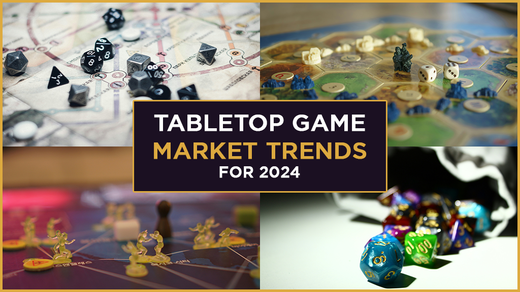 A four panel image of different board games laid out on tables. The caption reads: Table top games market trends for 2024