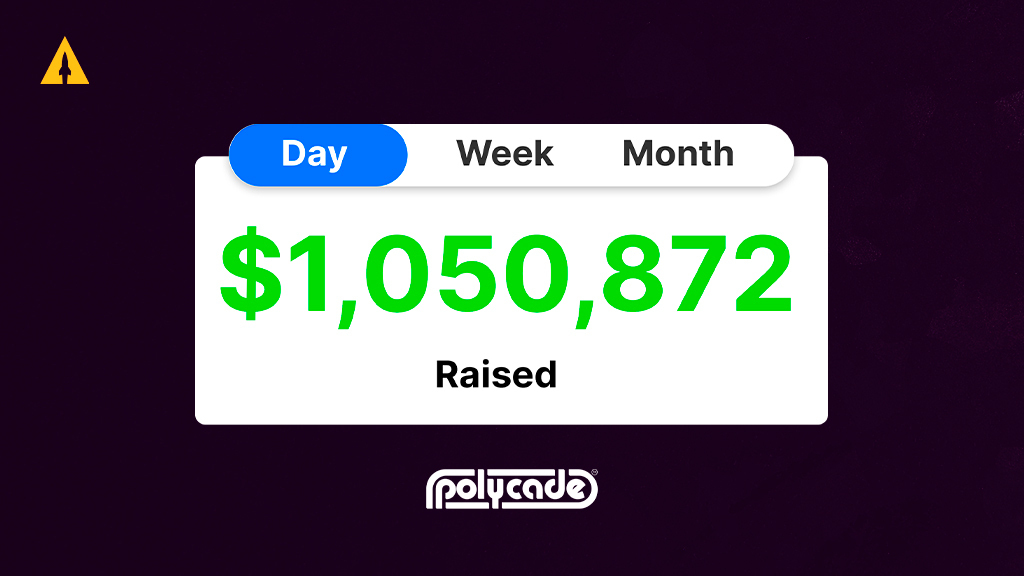 An image showing a tally counter showing $1050872 raised in one day for Polycade. The Launchboom "rocket" logo is in the upper left hand corner.