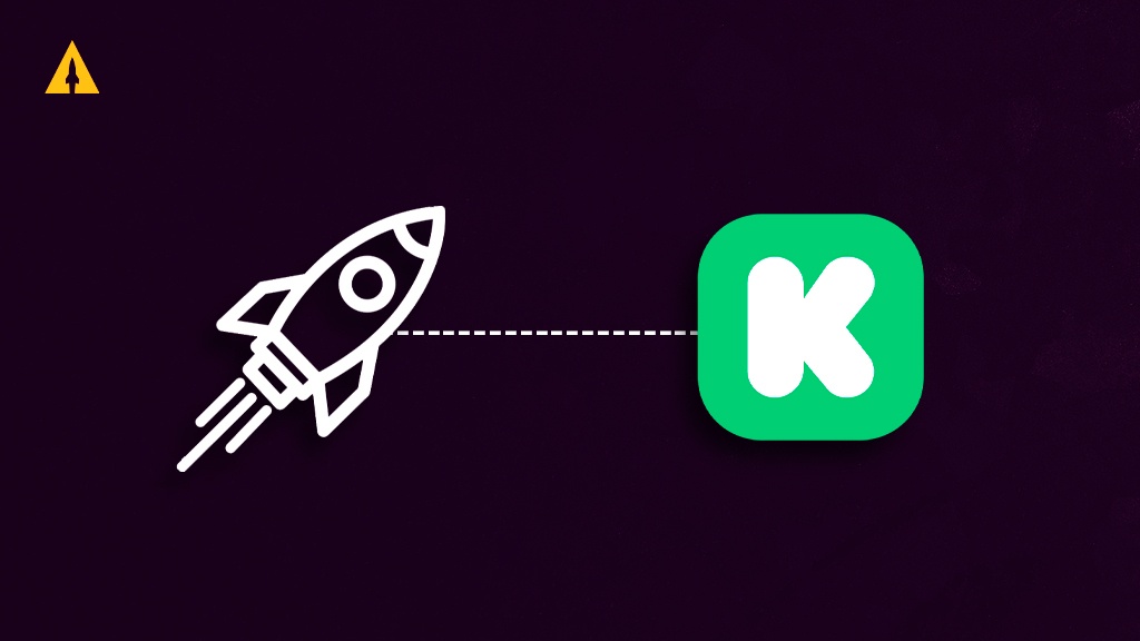 A white line drawing of a rocket launching next to the Kickstarter logo. The two are connected by a white dotted line.