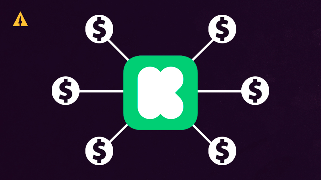 An image of the Kickstarter logo radiating dollar signs.