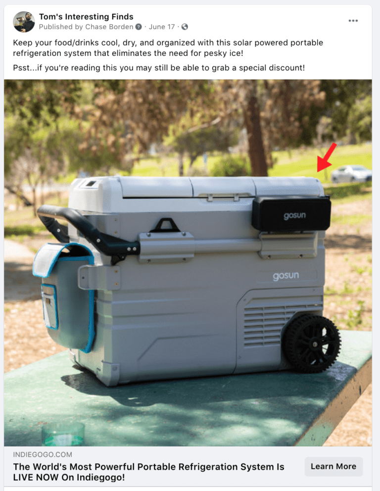 An ad from Tom's Interesting Finds. Over a picture of the GoSun is copy describing the cooler and offering a special discount. 