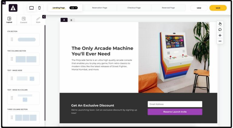 The landing page for the Polycade crowdfunding campaign. The text reads "The Only Arcade Machine You'll Ever Need". Under that is a field for a prospective backer to enter their email address to "reserve a launch invite"