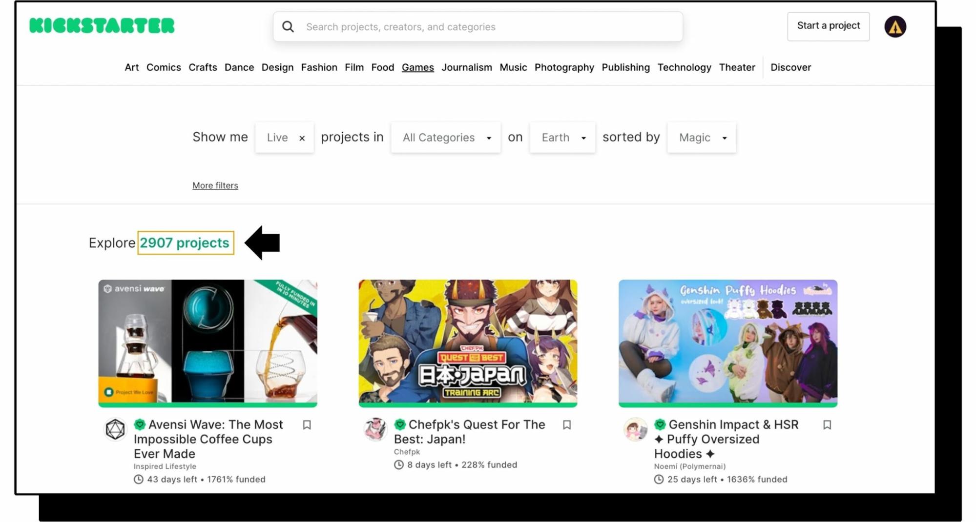 Live projects on Kickstarter